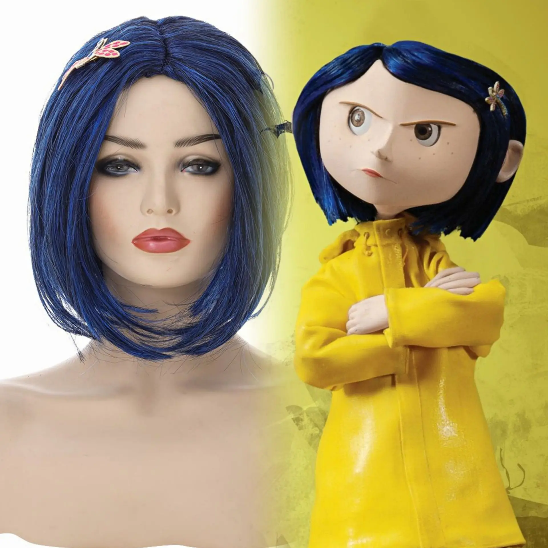 Disfraz de Coraline para adultos y niños, peluca de película de cuento de hadas de terror, abrigo amarillo, puerta secreta, traje de Roleplay aterrador para fiesta de Halloween