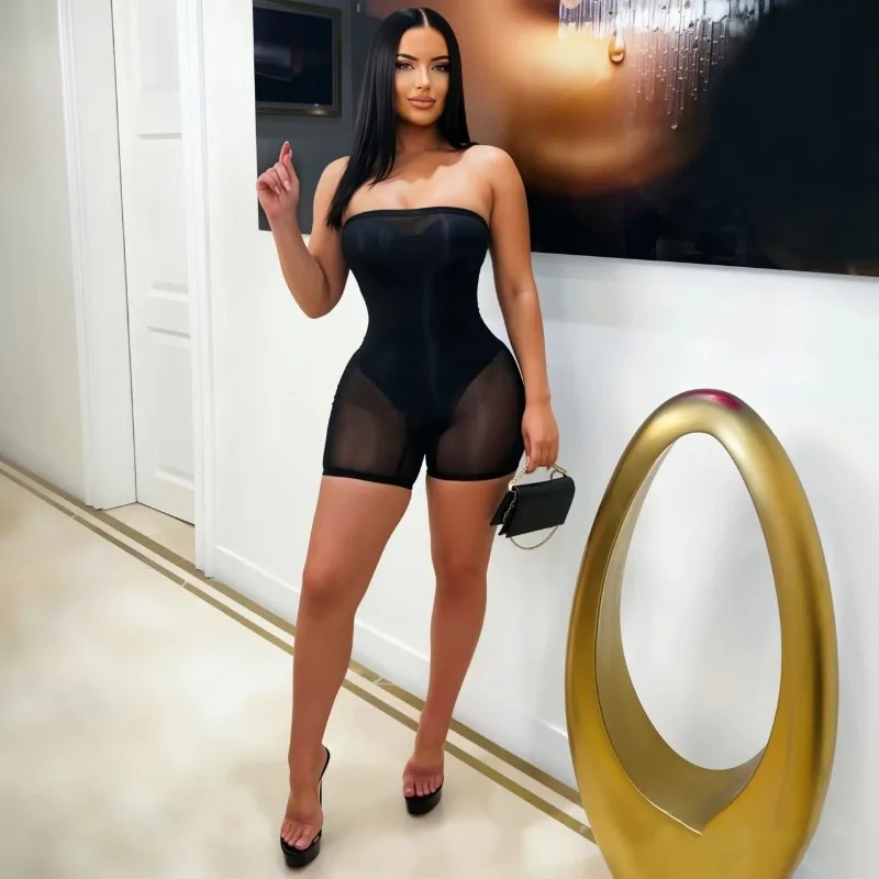 Super Stretch Shiny Glossy Body Stocking, Sexy See Through Wrap Bust Shorts Bodysuit Night Club Wear