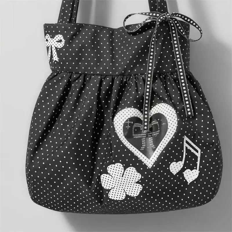 Korean Polka Dot Shoulder Bag Women's Nylon Tote Bag Cute Bow Love Note Printed Tote Bag Skirt Design Magnetic Buckle Armpit Bag image 5