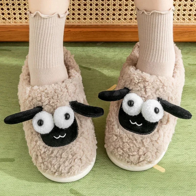 Cartoon Cotton Slippers Couples Cute Little Sheep Men Women Winter Home Warm Comfortable Indoor Anti Slip Floor Cotton Slippers