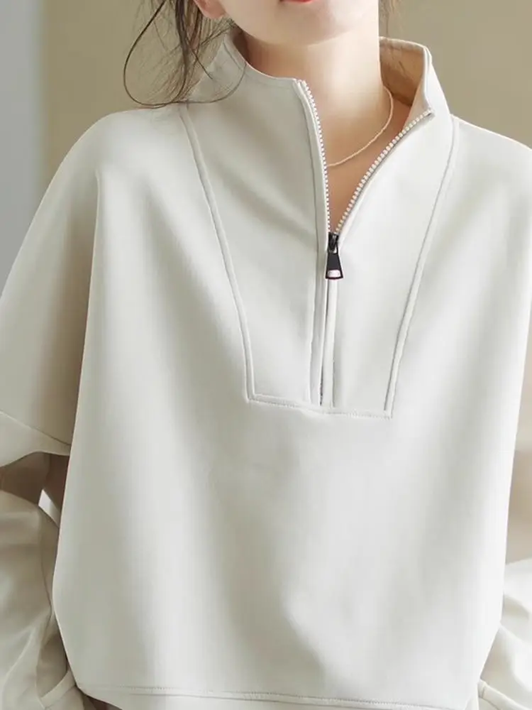Plus size camisa feminina outono inverno novo sle zíper gola solta emagrecimento topo coreano sle casual cintura alta