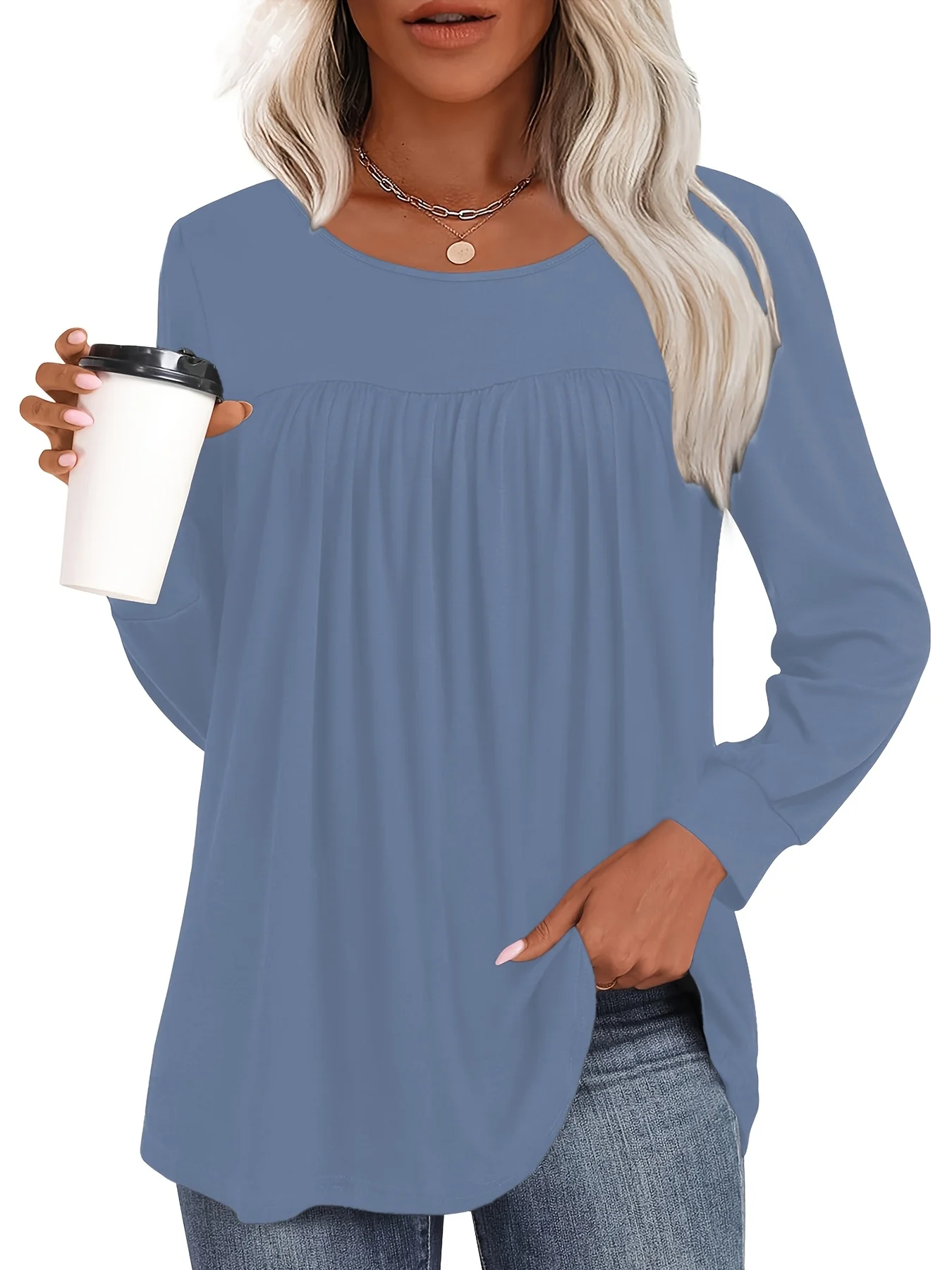 Plus Size Damen Langarm-Plissee-Oberteil für Stilvollen Komfort – Detail 16