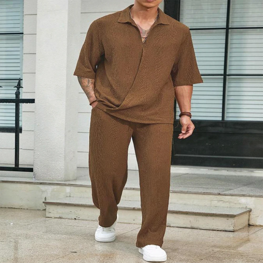 New Spring summer Men's retro casual suit collar solid color half-sleeved shirt loose drawstring pants Two-piece beach Suit - Image 4