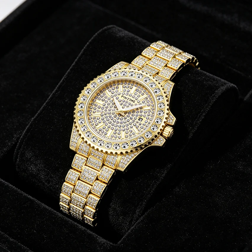 PIN TIME Women's Gold Watch Iced Out Crystal Pave Rhinestone Bracelet Sparkling Bling Ladies Quartz Wristwatch Gift