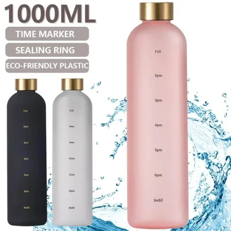 1L Large Capacity Water Cup Reusable Outdoors Sports Water Bottles with Time Marker Frosted Plastic Cup BPA-Free Leakproof Jug