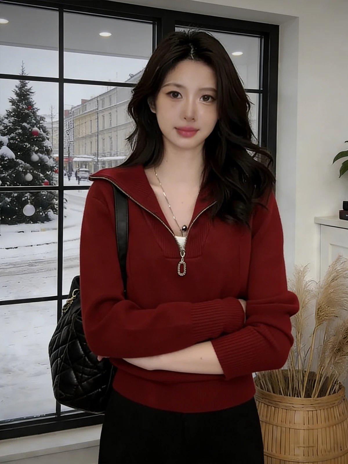 Damen-Strickpullover f Pullover mit Reißverschluss und Kragen, Innenbekleidung, Anti-Pilling, Winterfaion, lässig, lockere Passform, lang, Sve