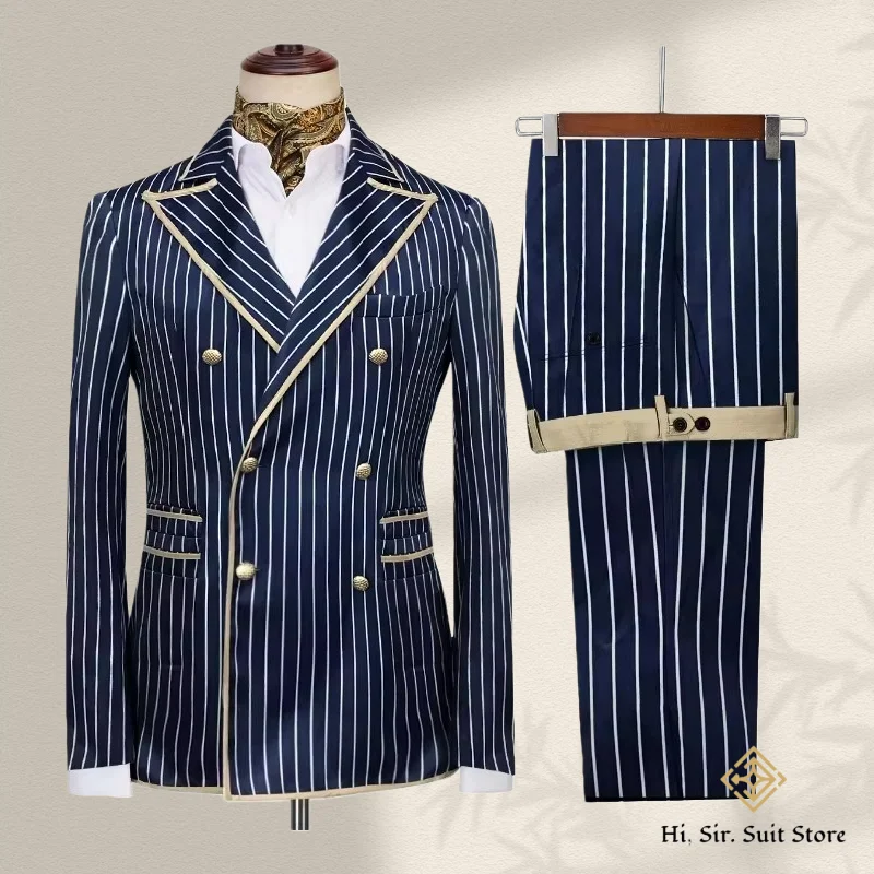 

High-end Striped Men Suits Peak Lapel Double Breasted 2 Piece (Blazer+Pants) Blazers Slim Smart Causal Formal Jacket Tuxedos New