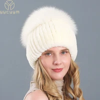 New Women Winter Luxury Real Rex Rabbit Fur Hat Knitted Rex Rabbit Fur Hat Top Natural Fox Fur Cap Genuine Fox Fur Beanies Hat