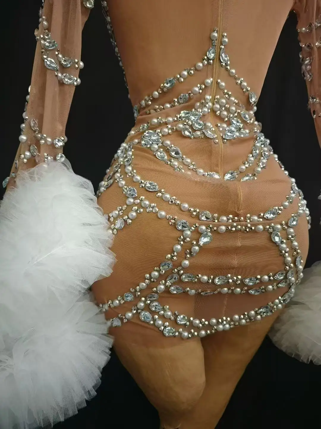 Sparkly Rhinestones Pearls Short Dress Women Sexy Transparent Birthday Celebrate Evening Dress Stage Wear Photoshoot Costume