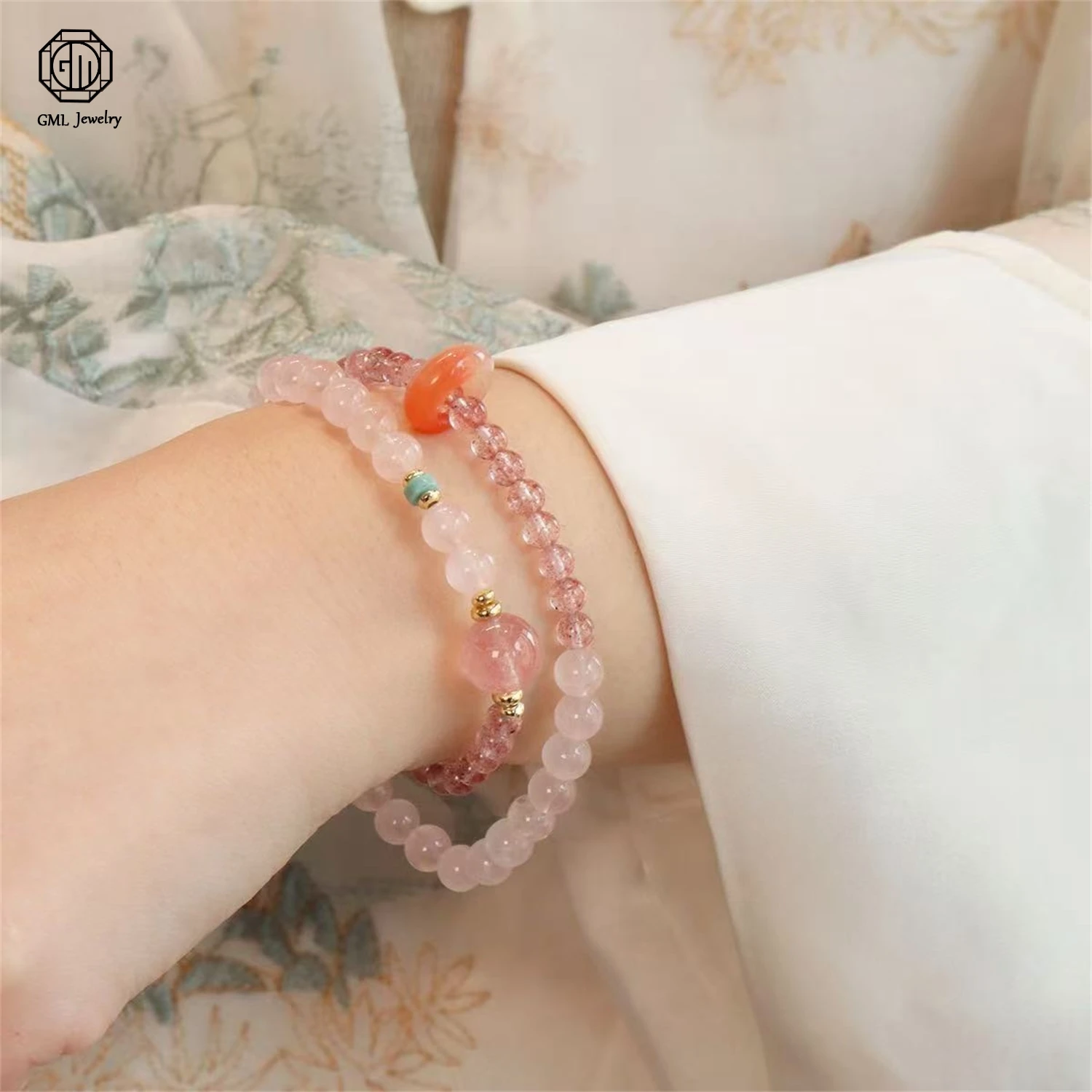 Natural Amethyst Double Strand Bracelet Strawberry Quartz Stackable Spacer Bead Spring Summer Versatile Ins Style High End