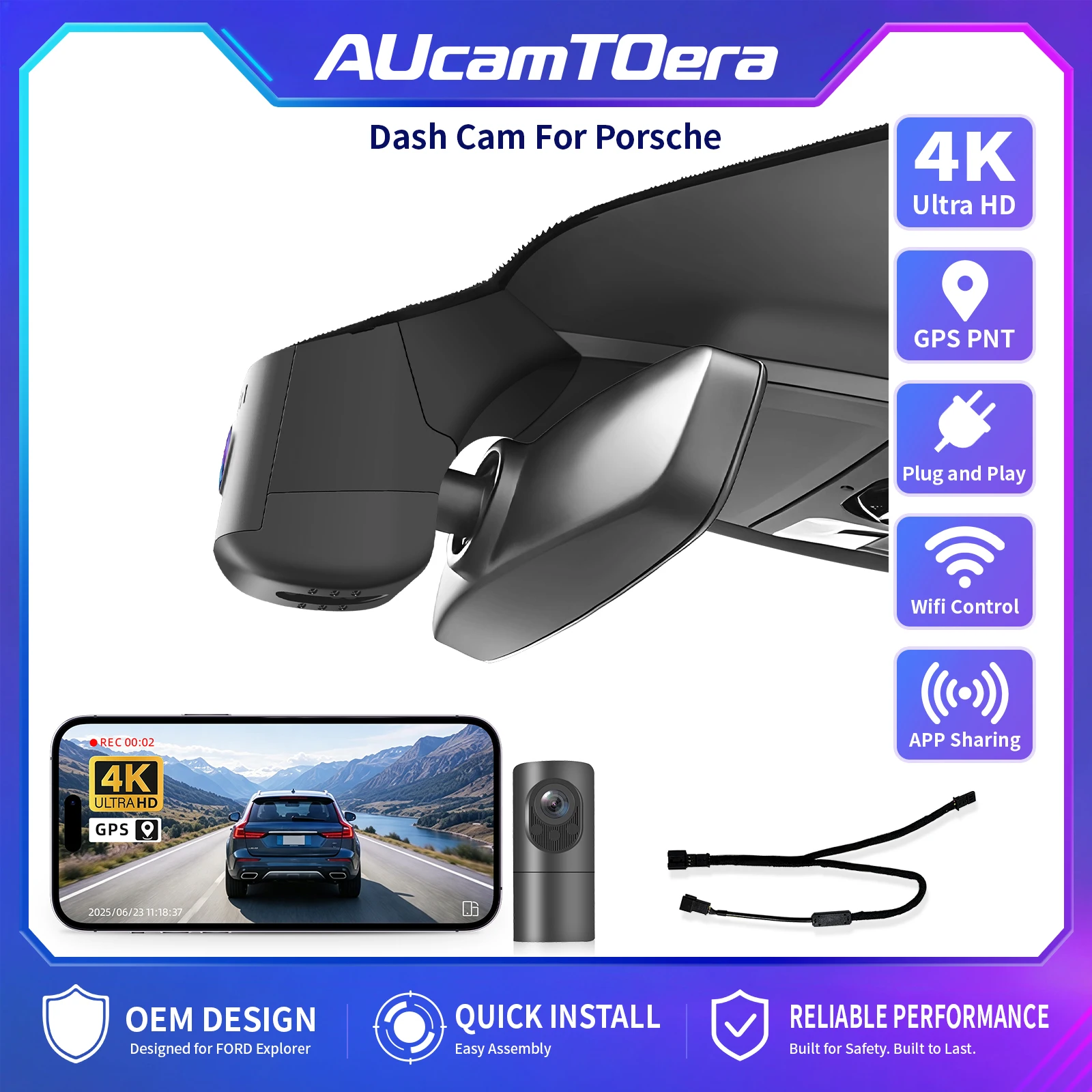 AUcamTOera Plug And Play WiFi & APP GPS Car DVR 4K Dash Cam For Porsche Cayenne Macan 911/Taycan Panamera 718 Boxster & Cayman