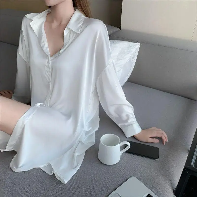 White Long Sleeve Sleepshirt Female Shirt Nightgown Nightwear Summer Nightdress Lingerie Satin Bathrobe Home Wear Loungewear