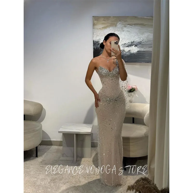 Gaun Prom Model Sheath Warna Silver Gray Diamond Custom EVS, Satu Tali Bahu, Panjang Se-Mata Kaki, Vestidos De Noche, Formal