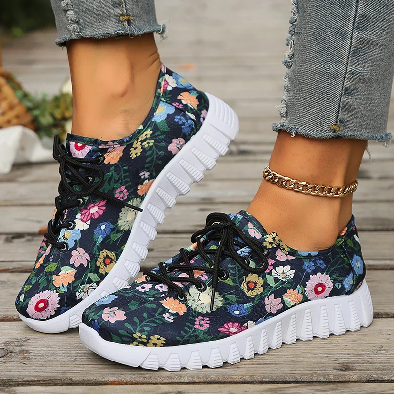 Trend Multi-color Floral Print Women Sneakers Outdoor Lace Up Shallow Woman Shoes Leisure Comfort Thick Bottom Single Shoes