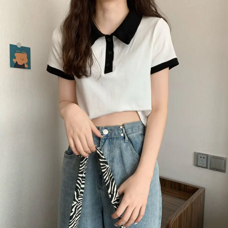 Summer 2026 Women New Arrival Slim Fit Versatile Polo Collar Color Block Short T Shirt Short Sleeve Unique Top Ins Trendy - view 2