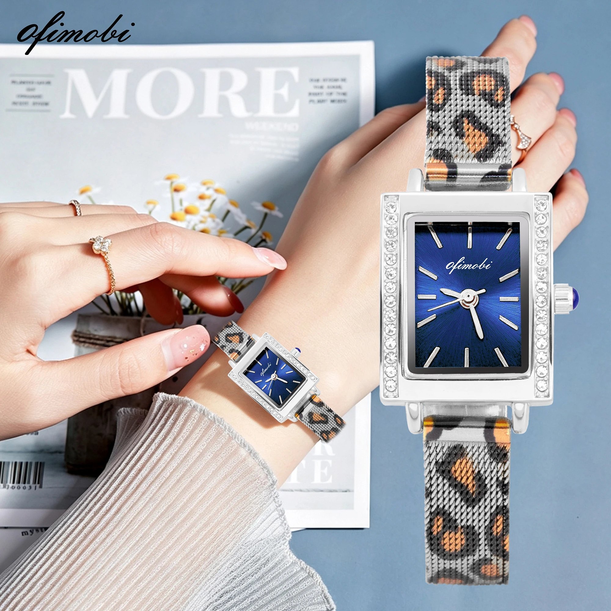 OFIMOBI Women Quartz Watch Square Dial Crystal Bezel Leopard-Print Milanese Strap Small Dial Daily Water Resistant Dress Watch