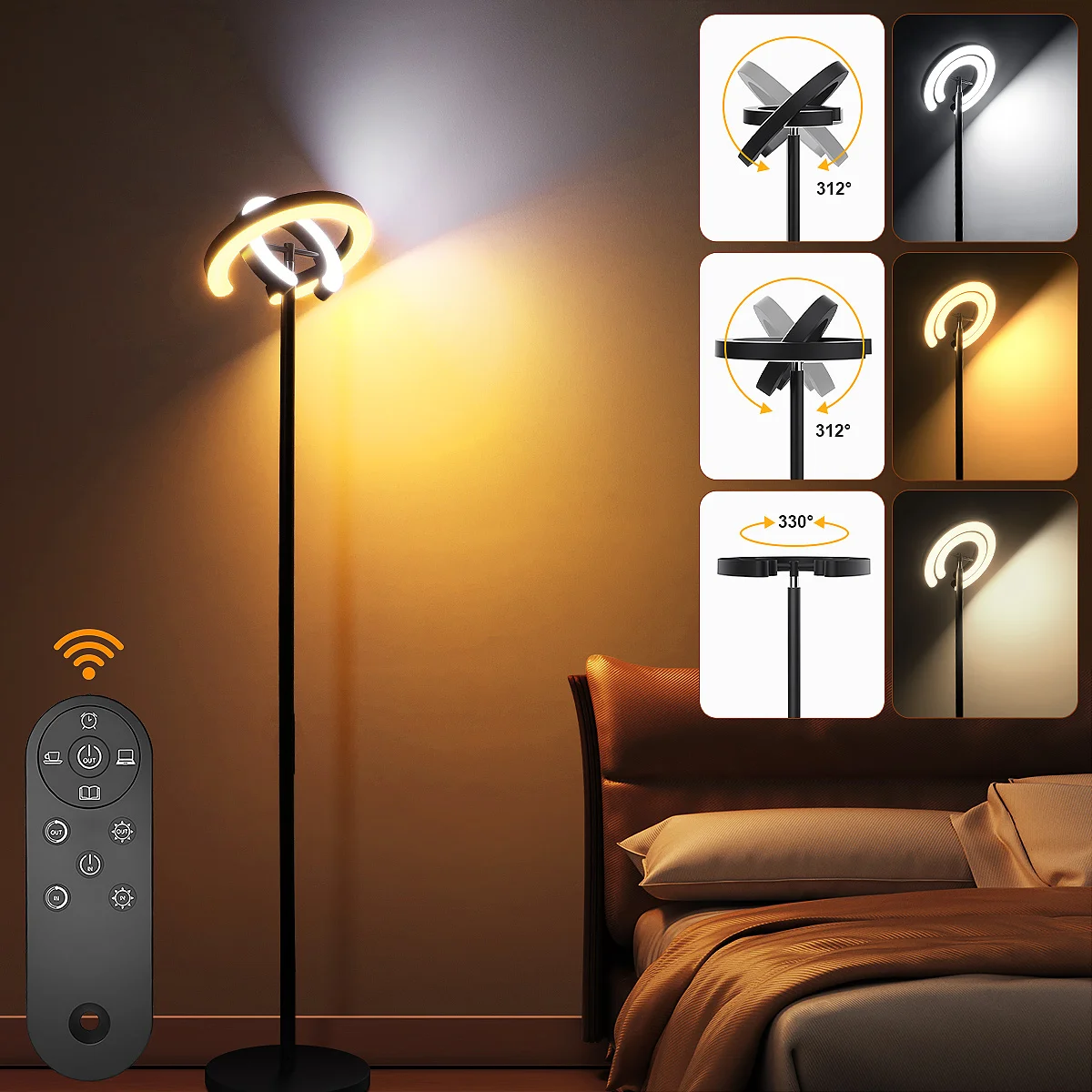 Lampada da terra a LED con doppia testa e telecomando, rotante, con regolazione continua della luminosità, funzione di memoria, lampada da lettura alta per la camera da letto