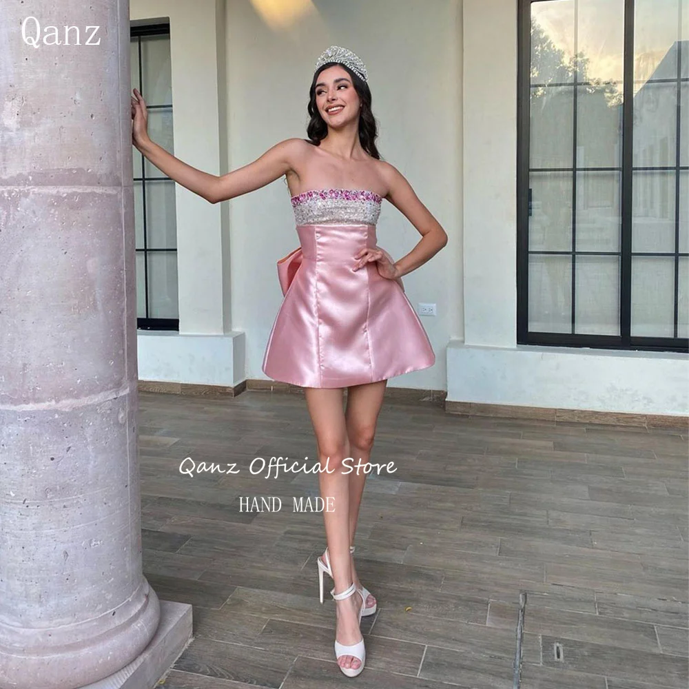 

Qanz Pink Princess Cocktail Dresses Short Mini Satin Crystal Opne Back Vestidos De Gala Birthday Dresses Women Custom Make 2024