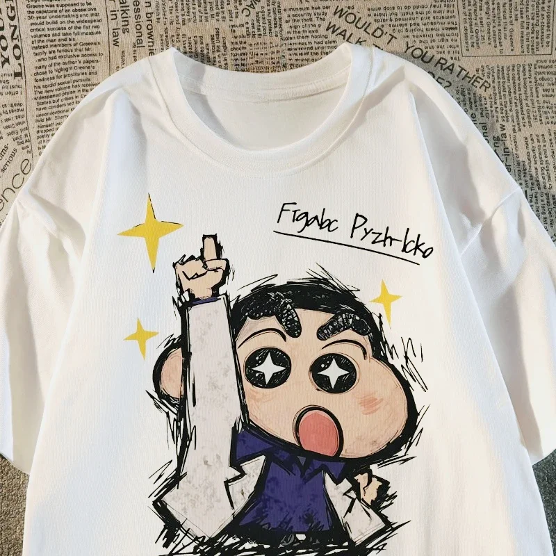 Heavyweight Pure Cotton Japanese Retro Crayon Shin-chan Print Short-sleeved T-shirt for Men Kids, Summer Trendy Loose-fitting