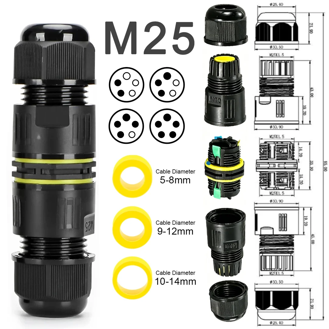 IP68 M25 Cable Connector Outdoor Waterproof Junction Box Screw Connection 2/3/4/5 Pin Rainproof Terminal Solder Less LED Lamp