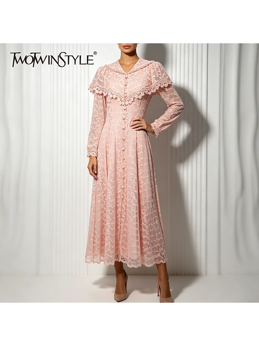 TWOTWINSTYLE Lace Spliced Button Slim Elegant Dress for Women Lapel Neck Long Sleeve Patchwork Flower Maxi Dresses Female New