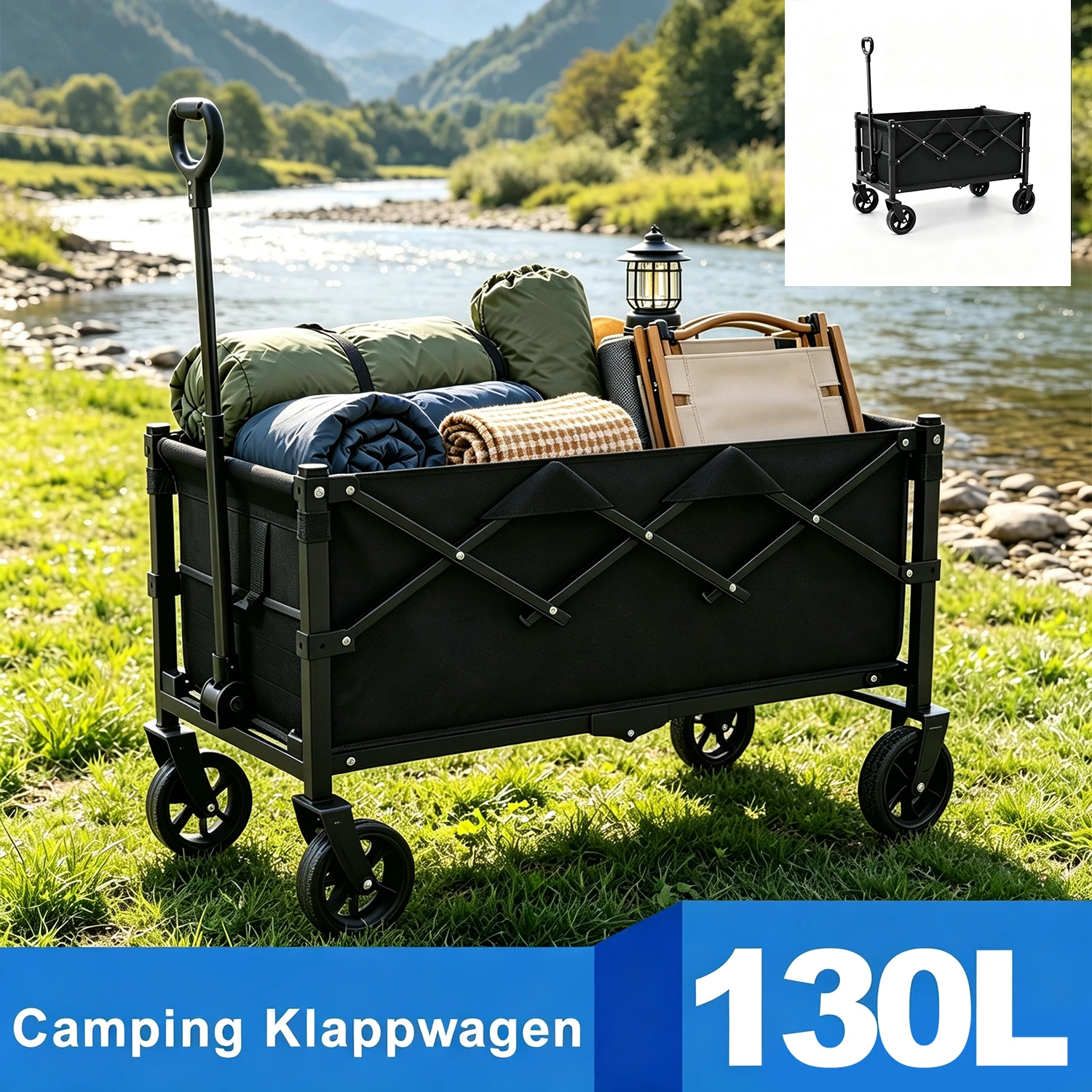 Carrello da campeggio pieghevole, resistente e versatile, con capacità di 130 litri, dotato di manico rimovibile e ruote da 6 pollici con sistema di rotazione a 360 gradi. ° Ruote per tutti i tipi