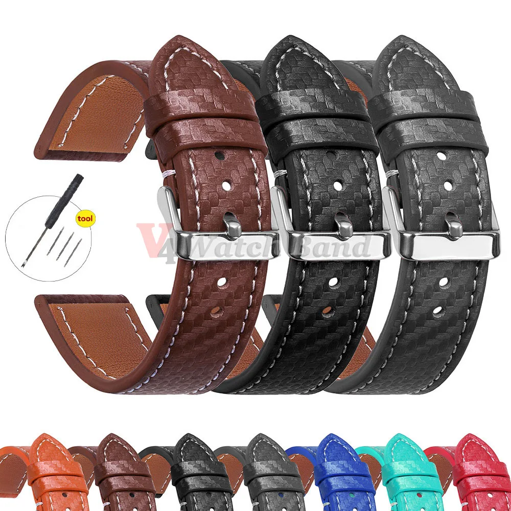 Carbon Fiber Texture Leather Strap for Seiko Cowhide Leather Watchband Soft Men Watch Accessories Wrist Belt 18mm 20mm 22mm 24mm