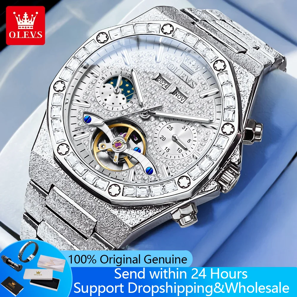 

OLEVS 9805 Skeleton Automatic Man Watch Luxury Fashion Matte Texture Full Diamond Moon Phase Waterproof Mechanical Wristwatches