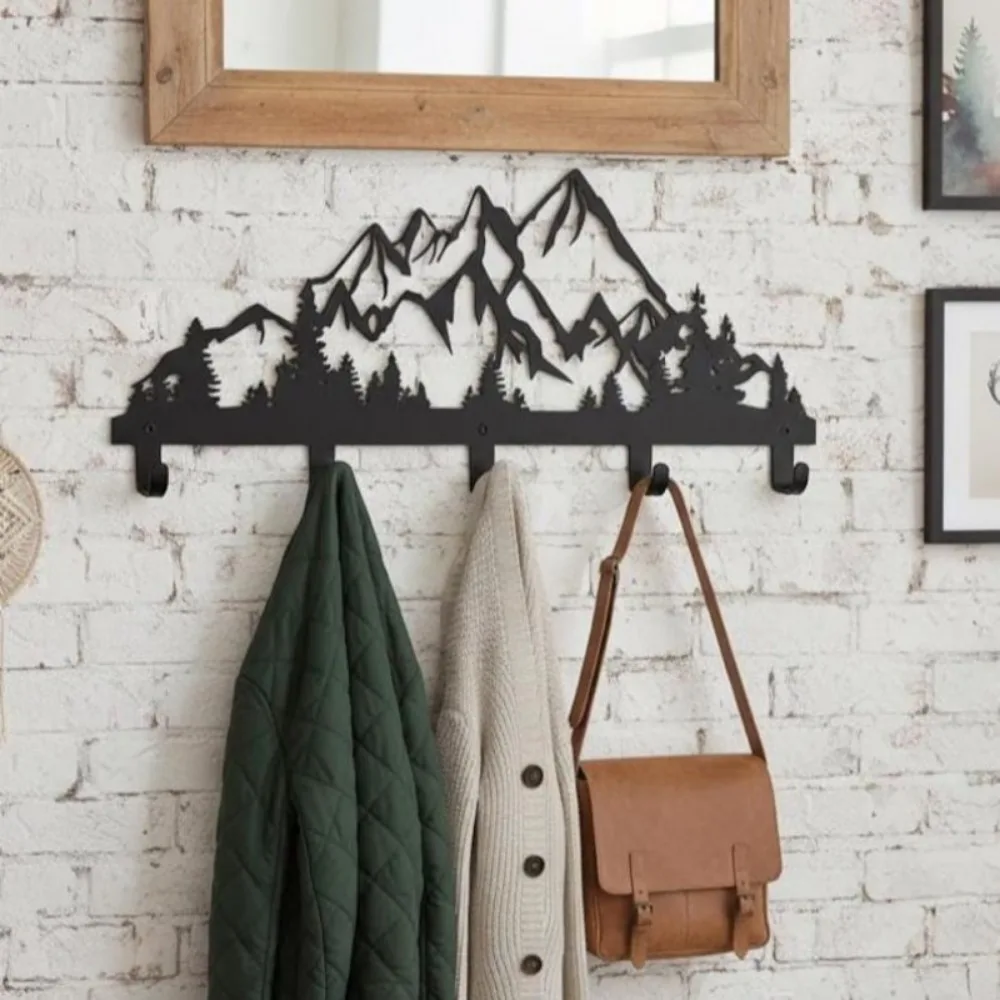Perchero Metálico de Montaña, Gancho de Pared Rústico con 5 Ganchos, Almacenamiento Resistente para Entrada, para Abrigos, Sombreros y Bolsos, Estilo Woodland Cab