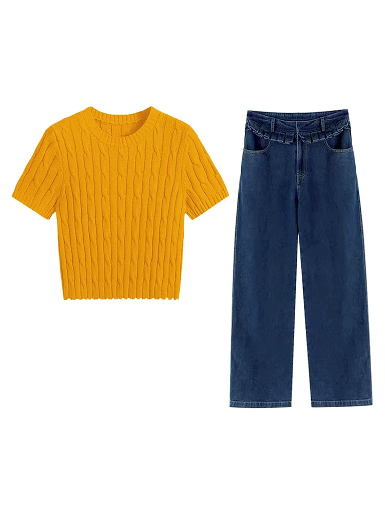 Dopamine Yellow Korean Style Spicy Short Sleeve Knitted Top And Jeans Two Piece Set Women Spring Summer Autumn Slim Fit Short - view 4