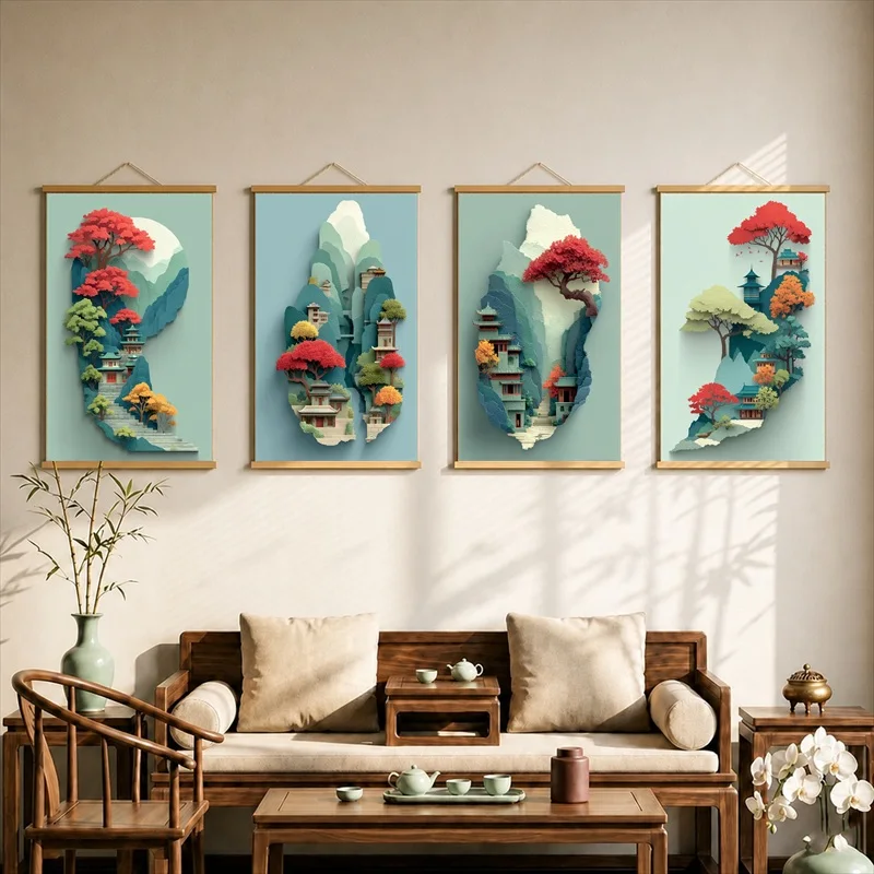 Wall Art Ancient Chinese Courtyard Scene, Oriental Vintage Pearlescent Canvas Hanging Scroll with Wooden Rods for Japanese Inn