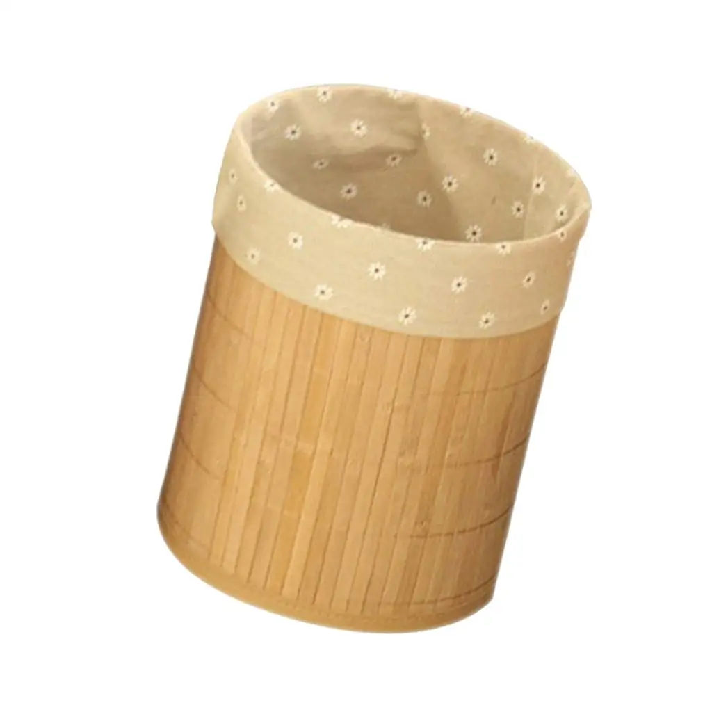 Bamboo Waste Bin Brown Flower Stripe Pattern Trash Basket for Bedroom Home Office Garden Small Area