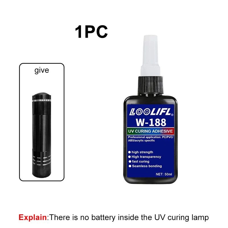 LOOLIFL Neuer W-188 Starker 50ml UV-Klebstoff, aushärtender UV-Klebstoff für Kristallglas und Metall, ABS-Verklebung und -Schweißung mit UV-Aushärtungslampe.