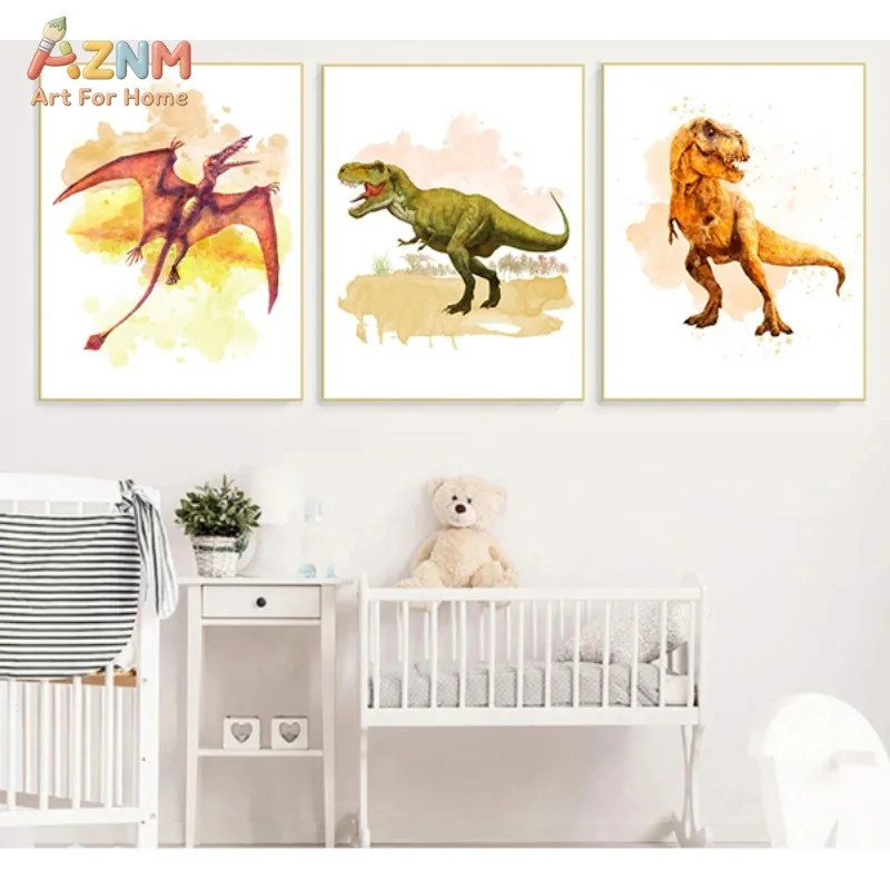 AZNM Watercolor Dinosaur Canvas Print T-Rex Stegosaurus Pterosaur Marine Dino Color Splash Prehistoric Animal Wall Poster Unfram