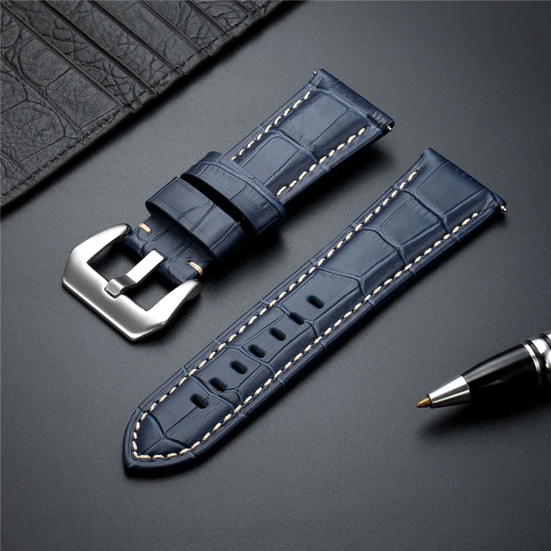 Business Genuine Leather Watchbands 20mm 22mm 24mm 26mm Steel Buckle Watch Accessories Black Brown Blue Wristwatch Straps