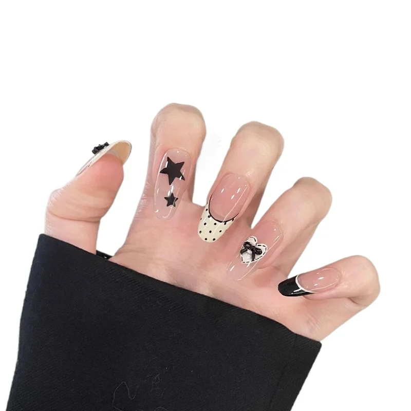 

Hand-worn nail magic mirror powder French black sweet and cool stars simple white nail sticker