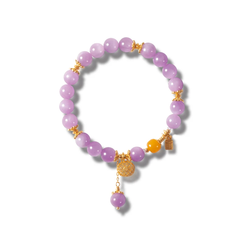 

Natural Brazilian Kunzite Beads Women S925 Silver Plated 18K Gold Russian Beeswax 8mm Bracelet For Meditation Healing Wealth