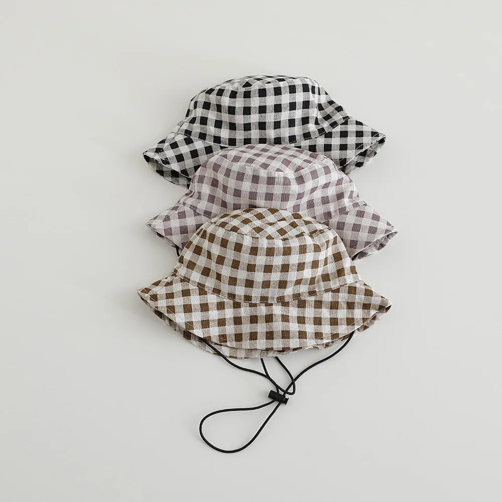 Wide Brim Autumn Sun Hat Baby Plaid Print Fisherman's Hat Children Cotton Bucket Cap for Boys Baby Girls Sunhat Kids Bonnet view 4