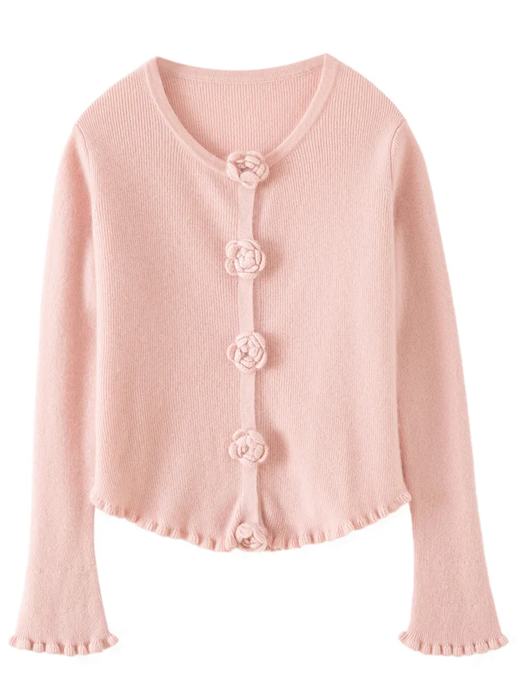 

Женский свитер из 100% кашемира, кардиган с круглым вырезом и цветочными пуговицами, офисный женский базовый кашемировый трикотаж Grace, осенне-зимние короткие топы