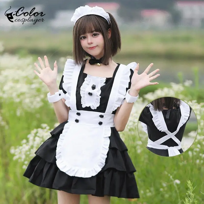 

Color Cosplayer Short Sleeved Lolita Dress Suit Bow Black Maid Dress Coffee Servant Cosplay Costume Adult Halloween Dress Up