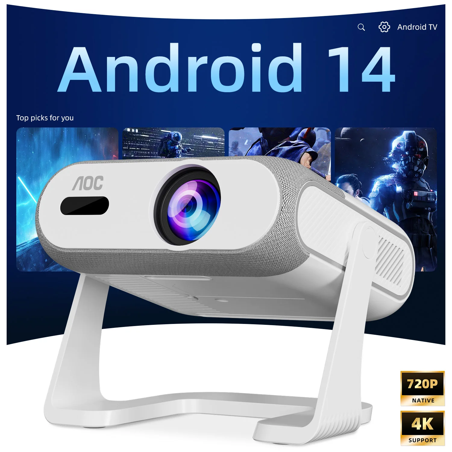 Proyector Portátil AOC HA116 Android 14 Chip H723 Nativo 720P Compatible con 4K WiFi6 BT5.X Enfoque Automático Corrección Trapezoidal