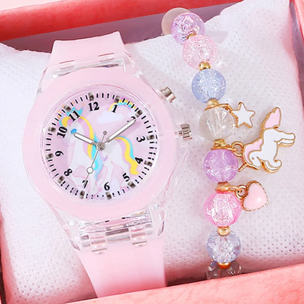 1pcs Women\'s Unicorn Digital Light Watch +1pcs Unicorn Colorful Crystal Bracelet Set for Mother\'s Day Gift