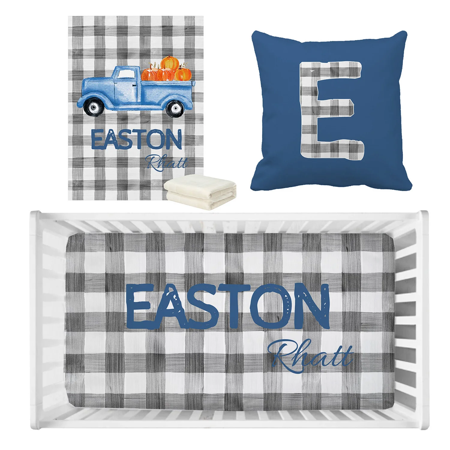 LVYZIHO Baby Boy Crib Bedding Set, Personalized Plaid Vintage Truck Crib Sheet,  Blanket, Custom Pillow