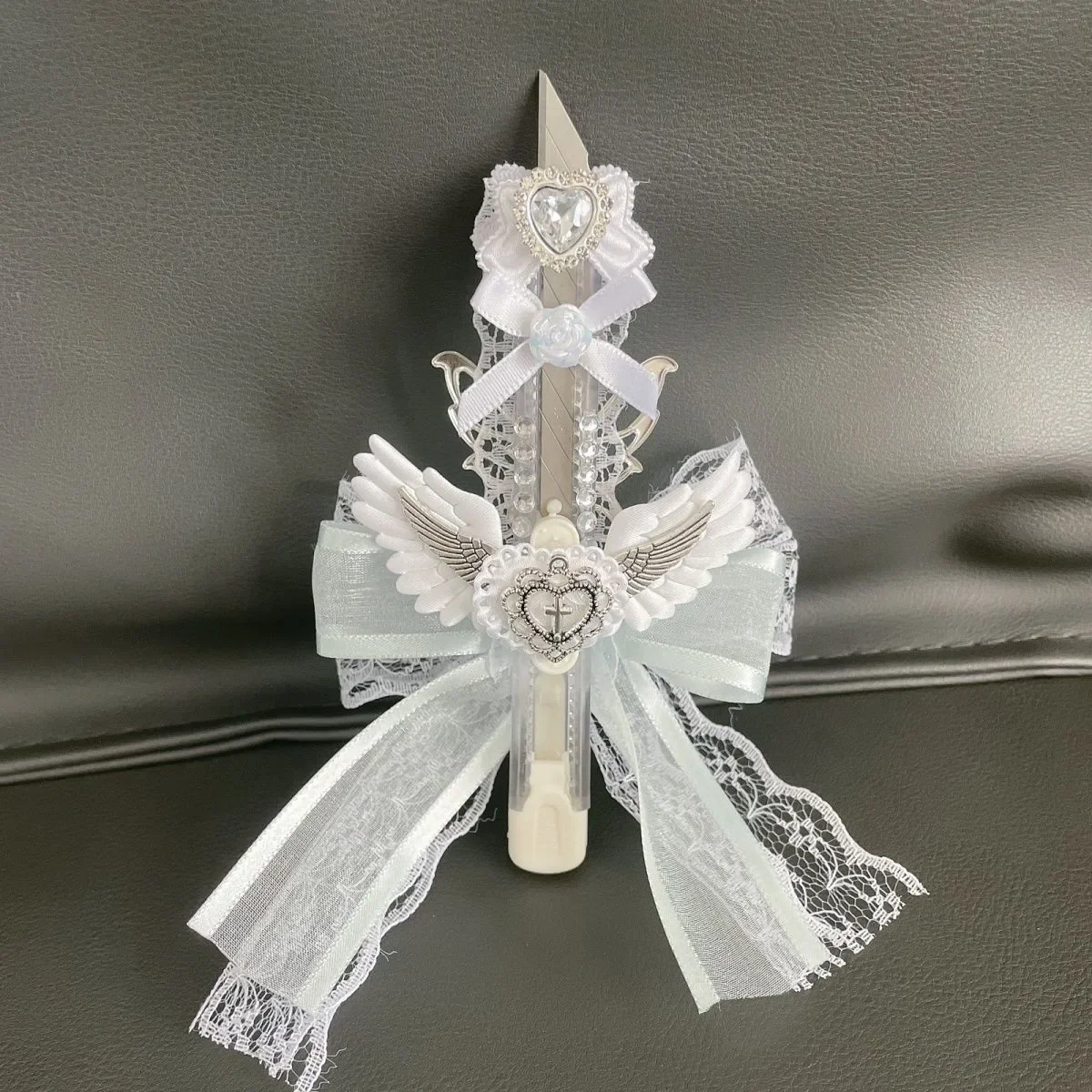 INS Holy White Angel Wing Lace Bowknot Utility Knife Aesthetic Kawaii Knife Girl Express Box Letter Opener Office Paper Cutter