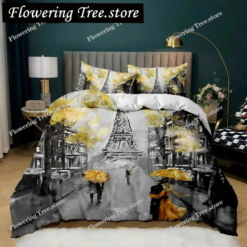 

Retro Architectural Duvet Cover Woman In Red Dress Plays The Violin At The Eiffel Tower Double Queen King Polyester Qulit Cover