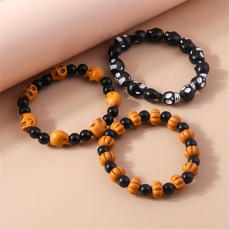 Aihua Punk Halloween Skull Pumpkin Bracelets for Women Men Hip Hop Beaded Bracelets & Bangles Halloween Jewelry Gifts