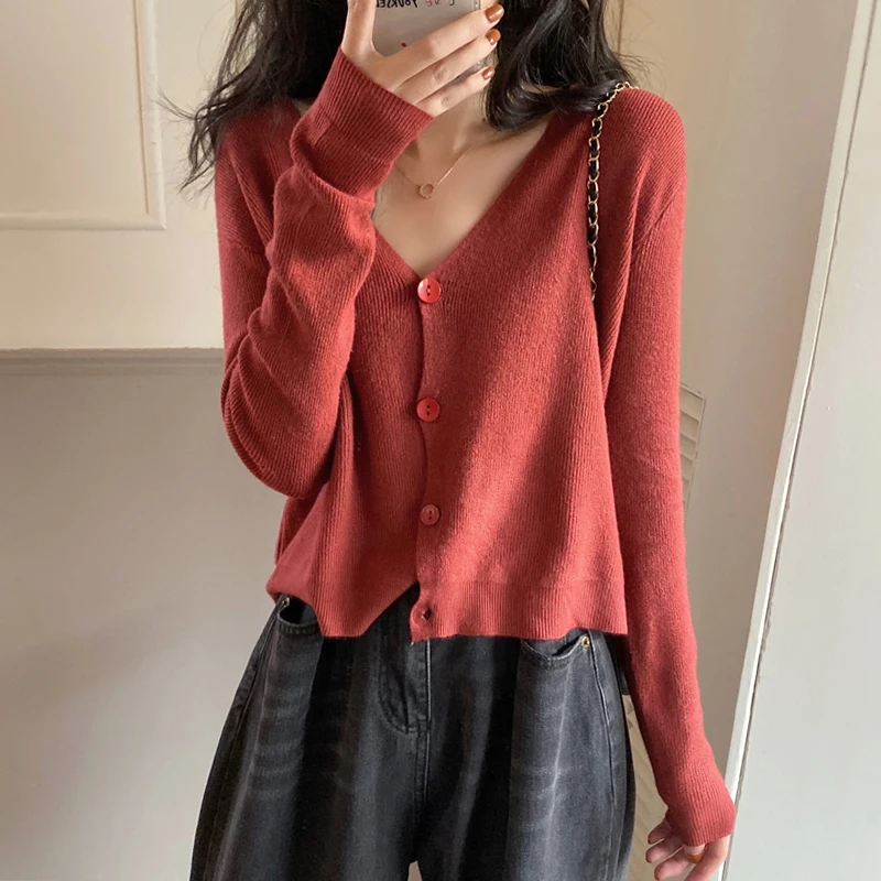 

Solid Color V Neck Knitted Sweater For Women Autumn Thin Long Sleeve Tops Casual Single Breasted Ladies Cardigans Clothes