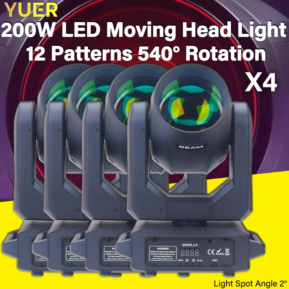 4 Pack YUER 200W LED Moving Head Light 18 Rotating Prisms Rainbow Effect DMX Stage Lighting Effect Light DJ Bar Disco Party Club