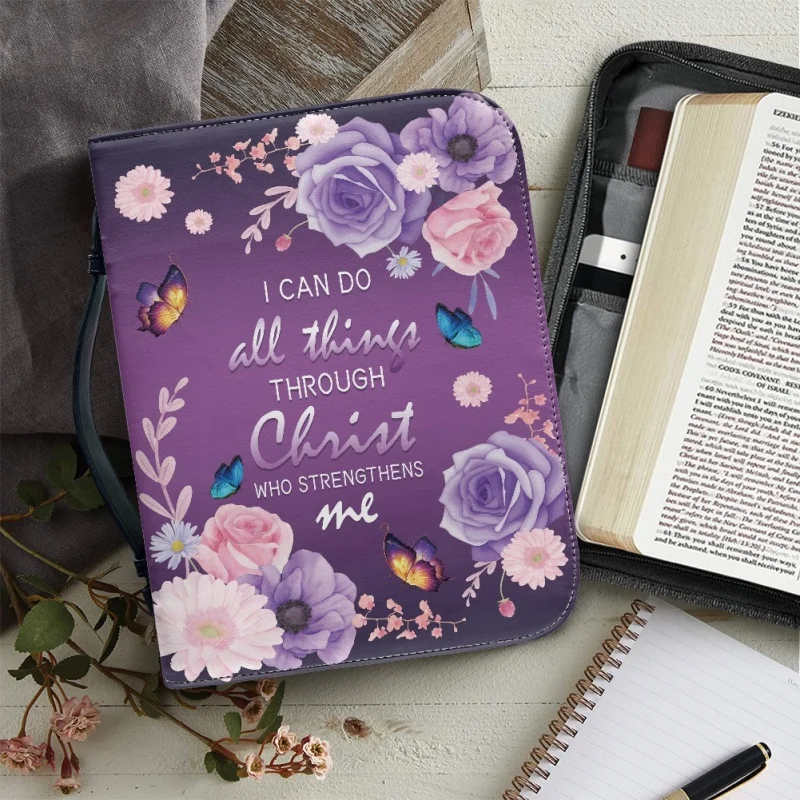 I Can Do All Things Through Christ WHO STRENGTHENS ME Church Bible Cover Case PU Handbag Study Book Holy Storage Boxes For Women