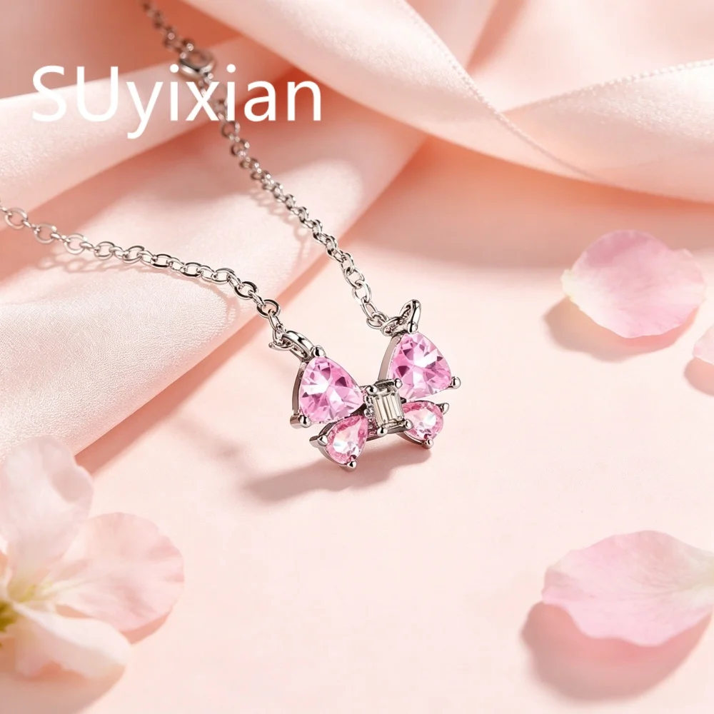 925 Sterling Silver Stylish Sweet Pink Bow Zircon Necklace Birthday Party Anniversary Gift Ladies Jewelry